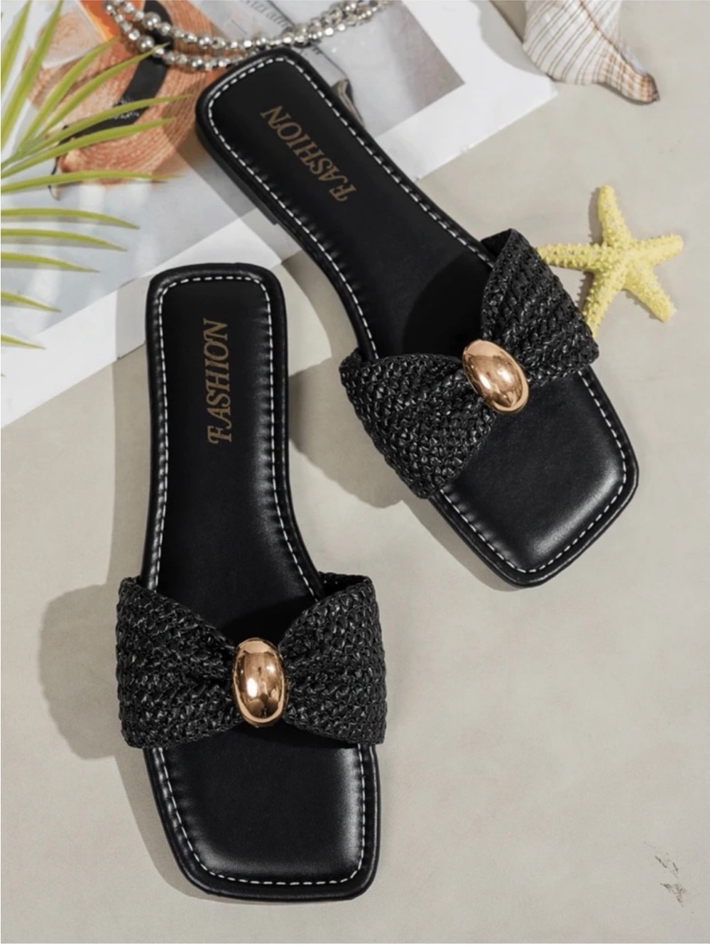 Black Braided Slide Sandals with Gold Accent